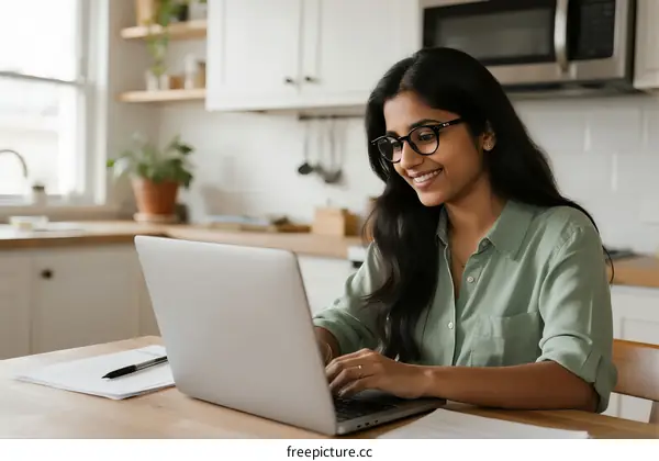 Young Indian Woman Working on Laptop in Modern Kitchen