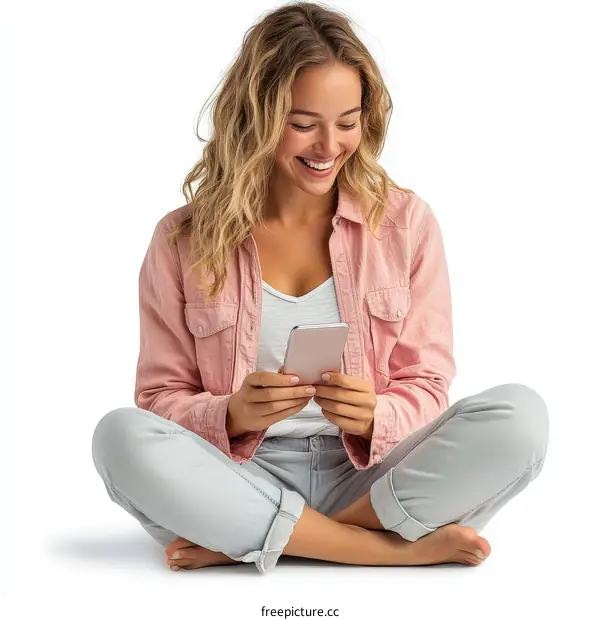 Happy Woman Sitting and Using Smartphone