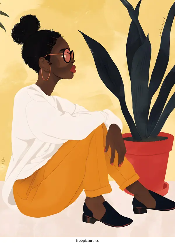 Woman in Yellow Pants and White Shirt Sitting by a Plant Illustration
