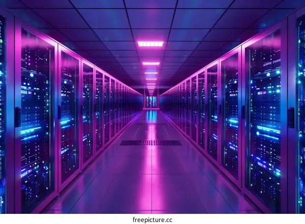 Server room with purple lights