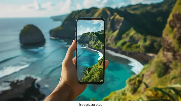 Hand Holding Smartphone Capturing Tropical Coastline