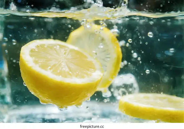 Fresh Lemon Slices Splashing into Clear Water with Bubbles