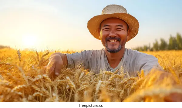 Happy Farmer in Golden Wheat Field