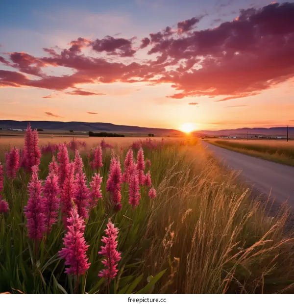Field of pink flowers at sunset