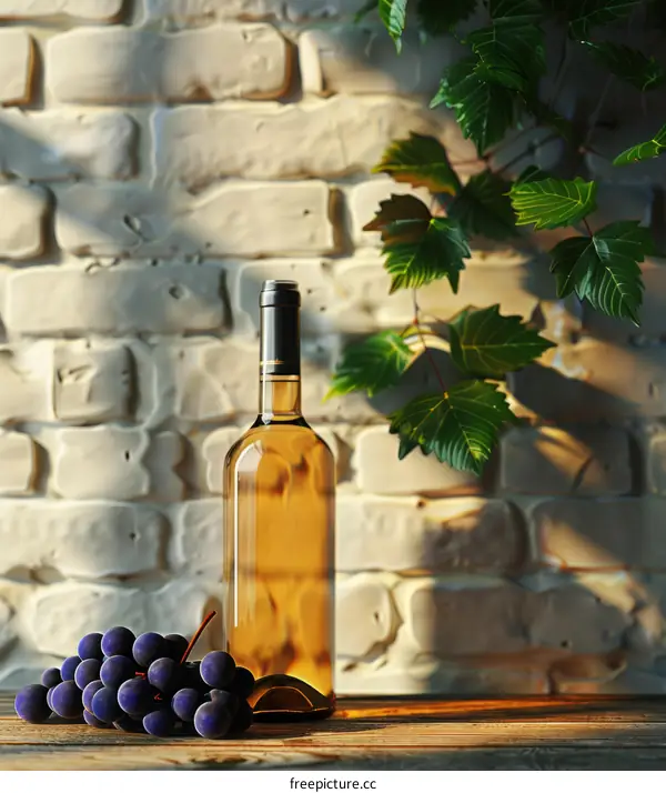 Wine Bottle and Grapes on Wooden Table against Brick Wall