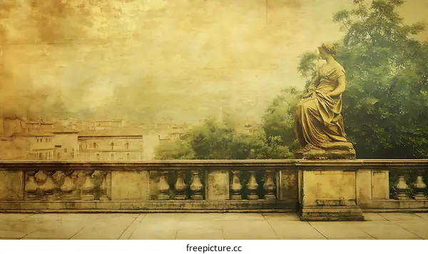 Vintage Statue on Balcony with Old City View