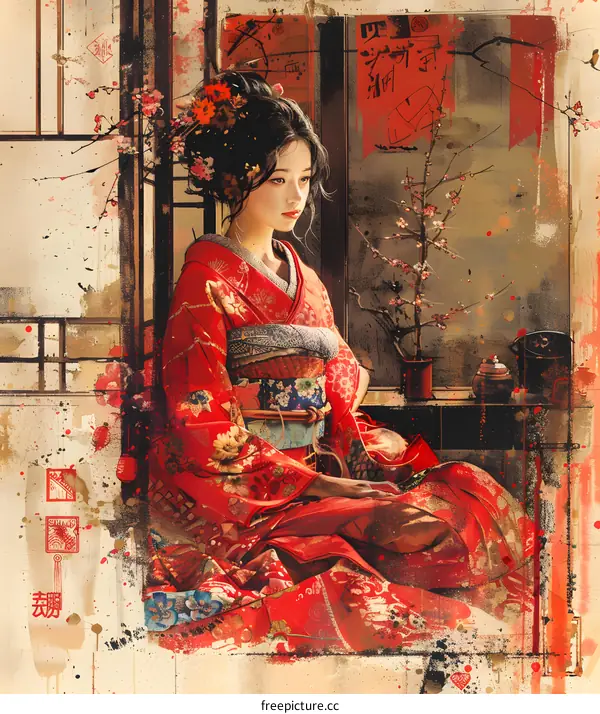 A woman in a red kimono is sitting on the floor in a traditional Japanese room.