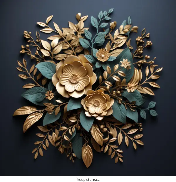 Exquisite 3D illustration of green and gold leaves and flowers