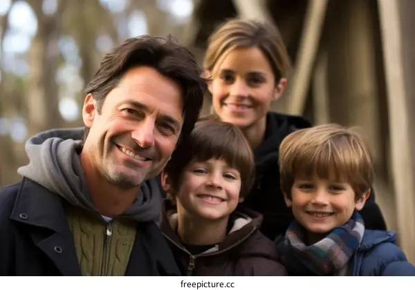 Happy family of four posing for a picture in the woods