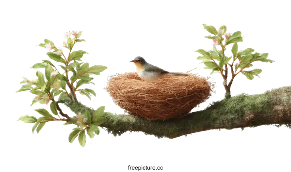 [Transparent Background PNG]A Bird in a Nest with Blossoming Branches