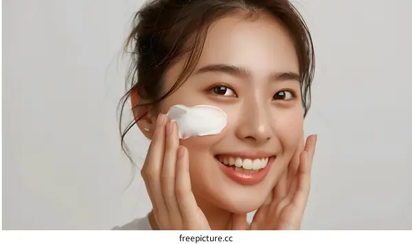 Smiling Asian Woman Applying Facial Cleanser