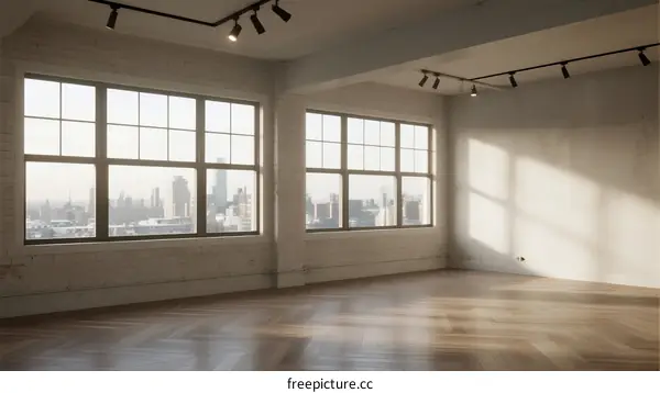Spacious empty room with large windows and city view