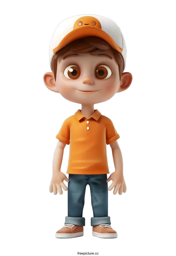 [Transparent Background PNG]Smiling Cartoon Boy Wearing Orange Shirt and Jeans