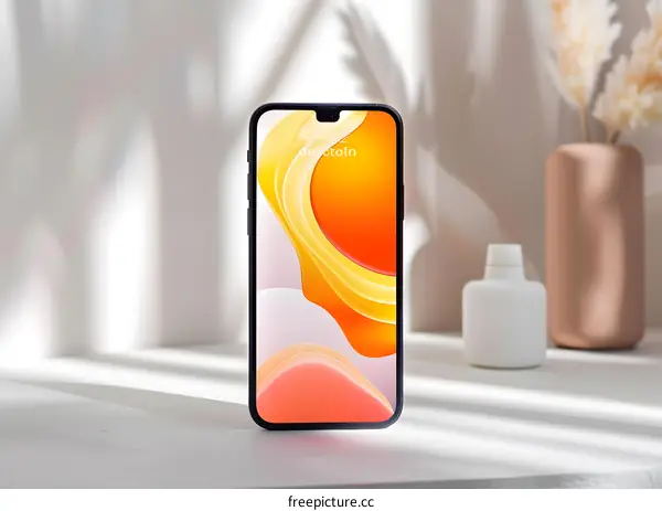 Modern Smartphone with Abstract Wallpaper on a White Table