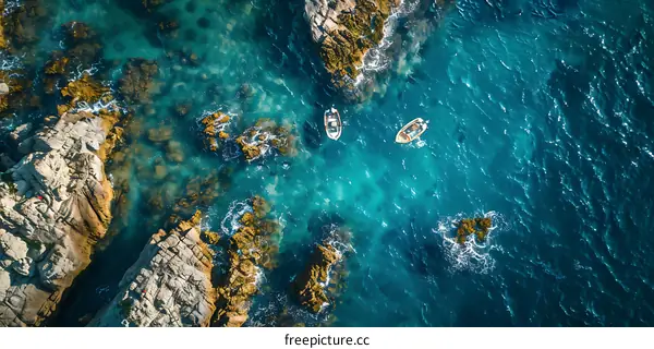 Aerial View of Two Boats in Turquoise Waters Surrounded by Rocks