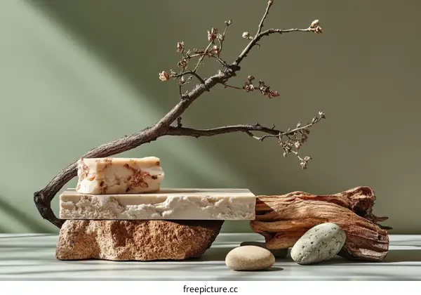 Natural Aesthetic Soap Display on Stone Platter
