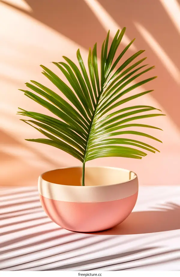 Green Palm Leaf In Pink And White Pot With Shadows