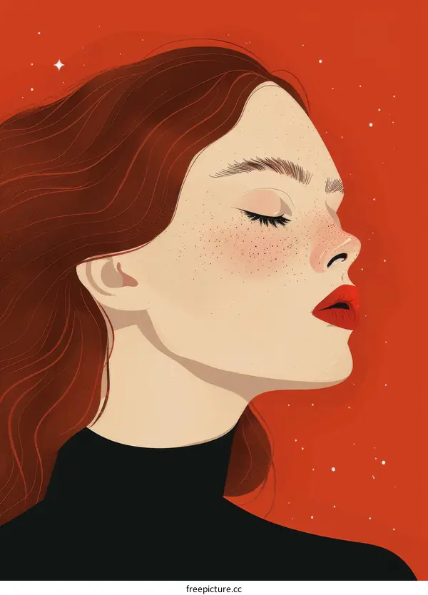 Portrait of a young redheaded woman with freckles and red lips