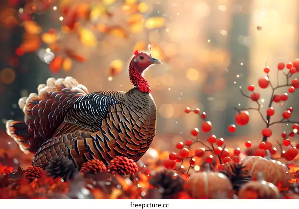 A majestic turkey stands in a field of pumpkins and gourds.