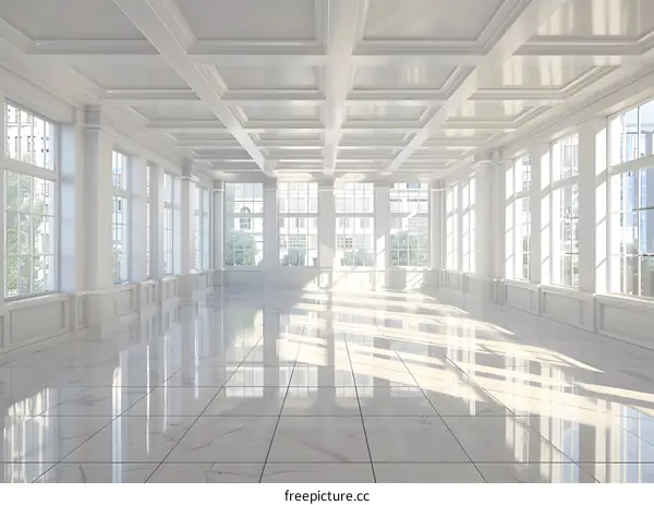 White Marble Floor Large Empty Room with Many Windows