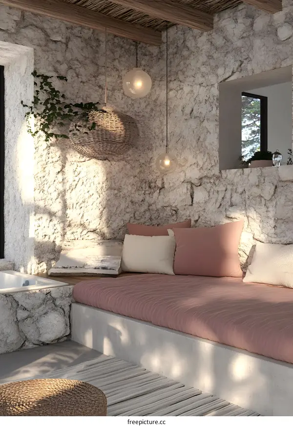Stone Wall Interior Design with Hanging Lamps and a Bench
