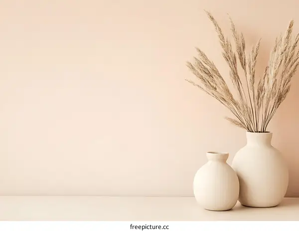 Beige Wall with Two Vases of Dried Pampas Grass