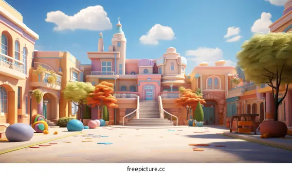 A colorful cartoon town with a clock tower