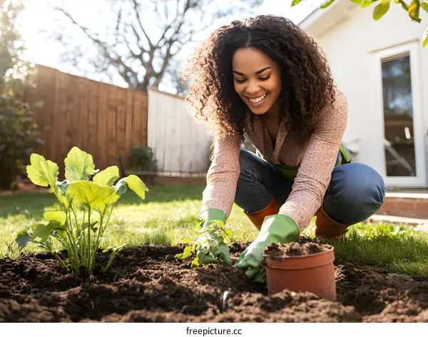 Smiling Woman Planting a Flower in Her Backyard Garden