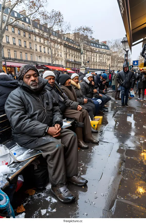 Group of Men Sitting on a Bench in Paris, France