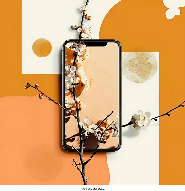 Smartphone with Spring Flowers and Abstract Background