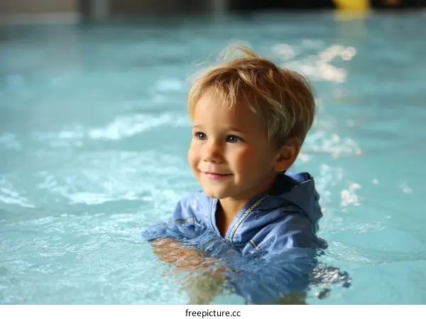 Young boy learning to swim in indoor swimming pool