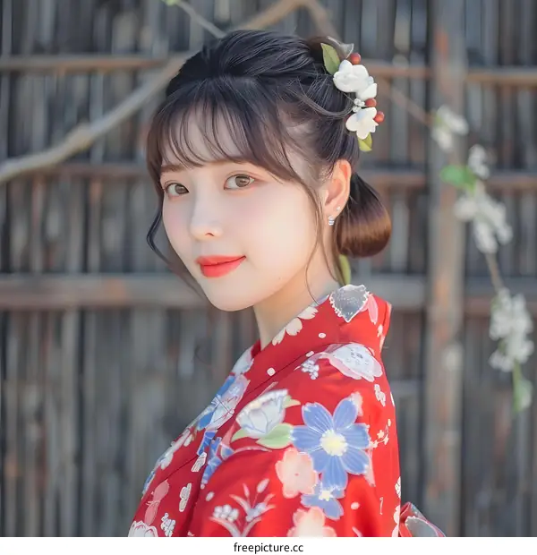 Beautiful Asian Woman Wearing Traditional Japanese Kimono