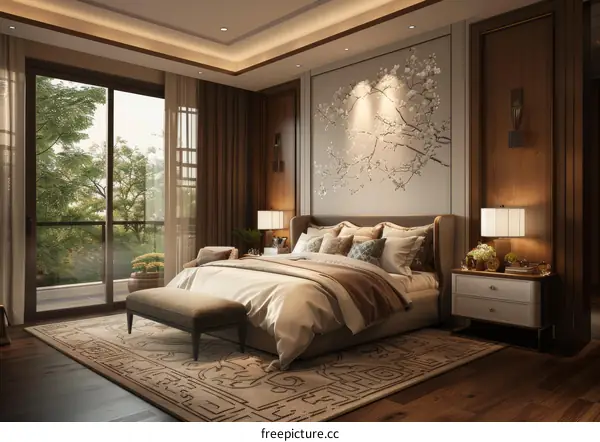 Contemporary Chinese Bedroom Design with Balcony and Bay Window
