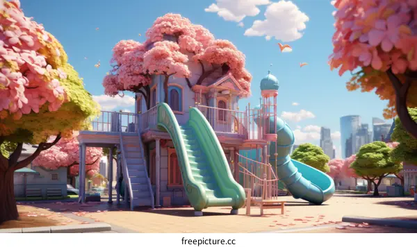 A colorful playground with a pink treehouse and blue slide