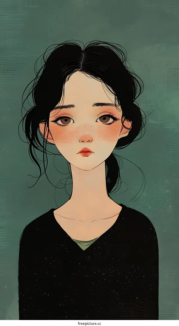 A digital painting of a young woman with black hair and brown eyes.