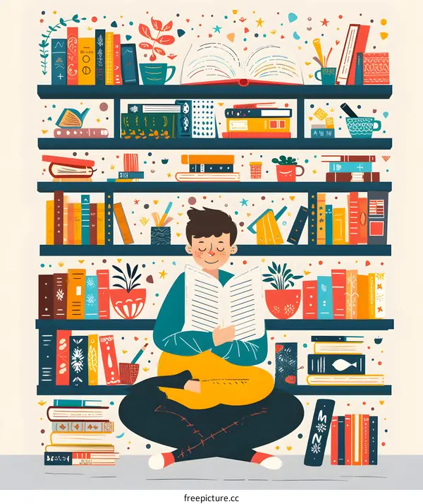 Boy Reading in Library with Many Books