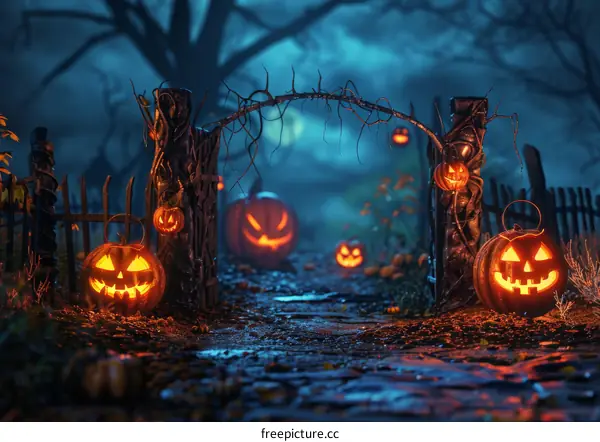 Spooky Halloween night background with pumpkins