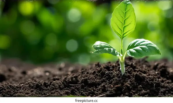 Close up of a green plant growing out of the soil with a blurred background