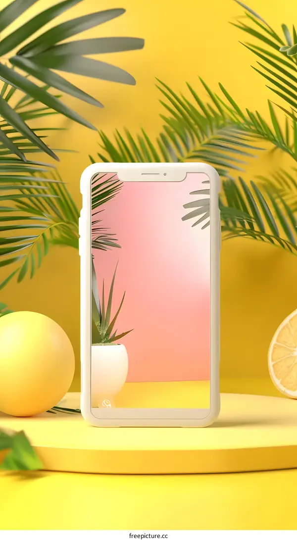 Summer Phone Mockup with Palm Leaves and Yellow Background
