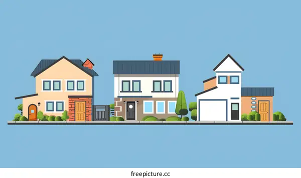 Cartoon Illustration of Three Houses with Blue Sky