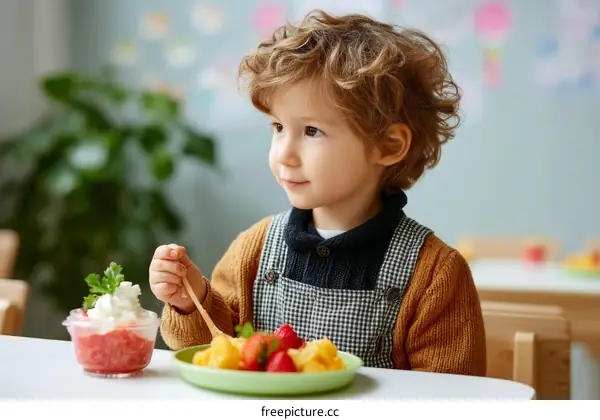 Cute Toddler Eating Healthy Fruits and Dessert