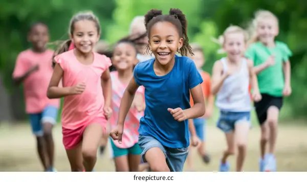 A group of children are running in a field