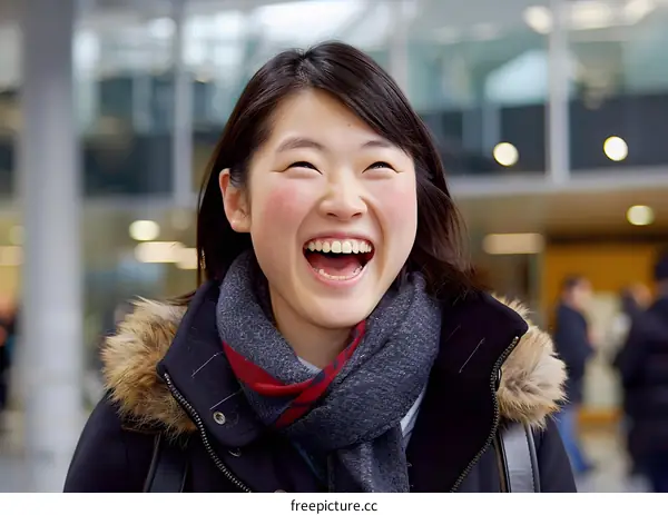 Smiling Asian Woman Wearing a Scarf in Winter