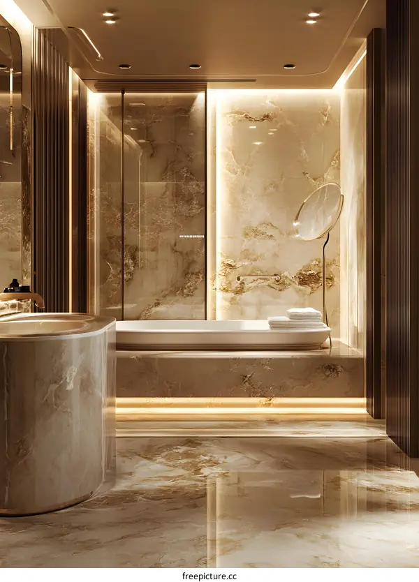 Modern Bathroom Interior Design with Marble Walls and Gold Accents