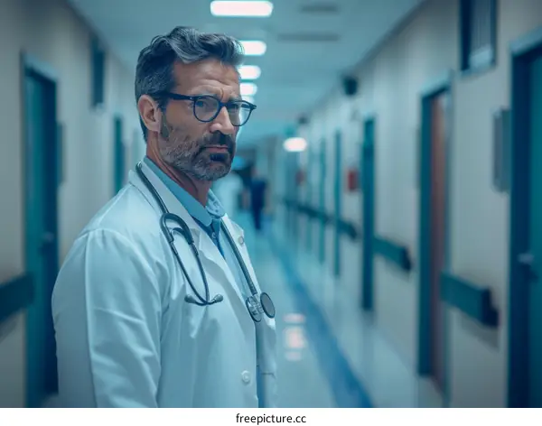 Portrait of a male doctor in a hospital hallway