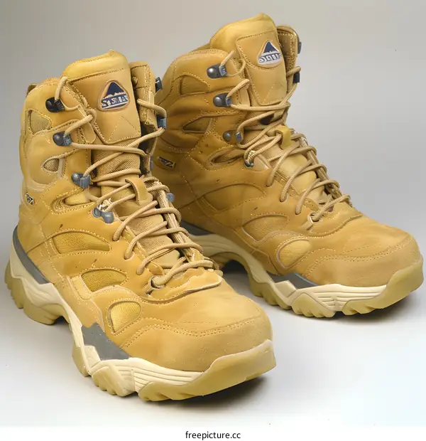 A pair of brown leather hiking boots with black laces and gray soles