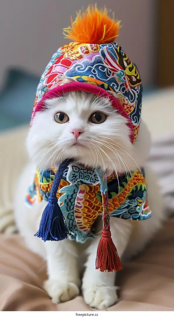 White Cat Wearing Colorful Chinese Dragon Hat and Scarf