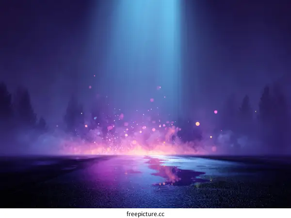 Mysterious Night Road at Forest with Neon Lights