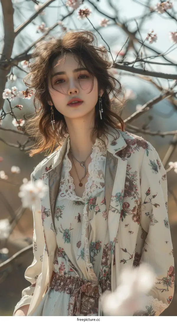 Portrait of a young woman in a floral dress standing in a field of flowers