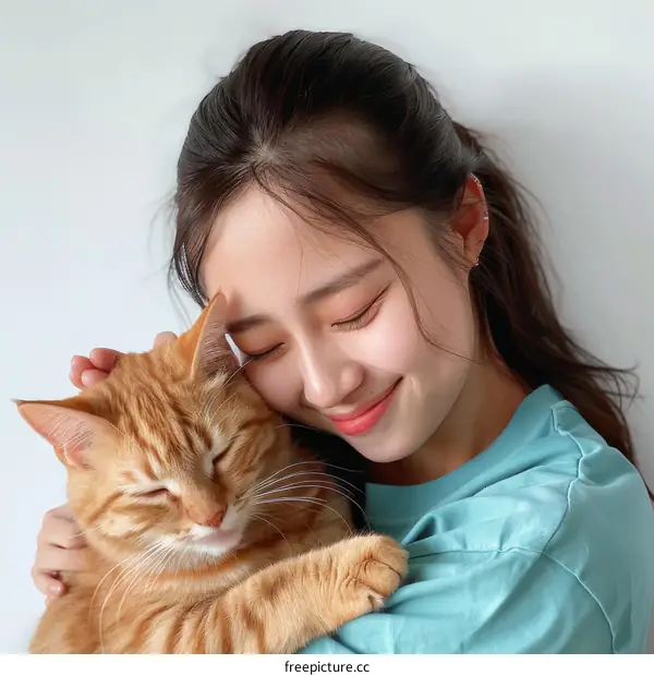 A young woman is hugging an orange cat